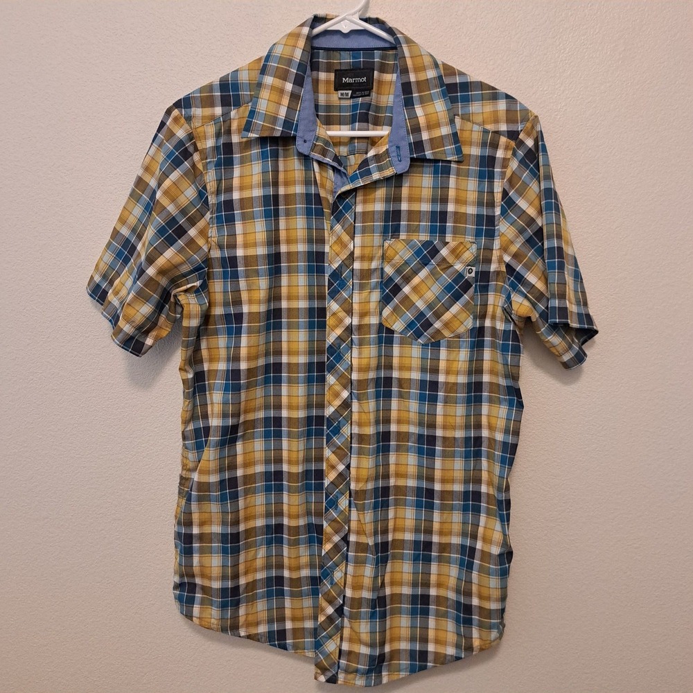 Marmot Mens Blue Yellow Plaid Short Sleeve Button Down Shirt J900585 Size Medium